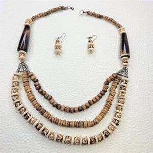 Multistrand Wooden Bead Necklace, Wood Inspired necklace  & earrings Set